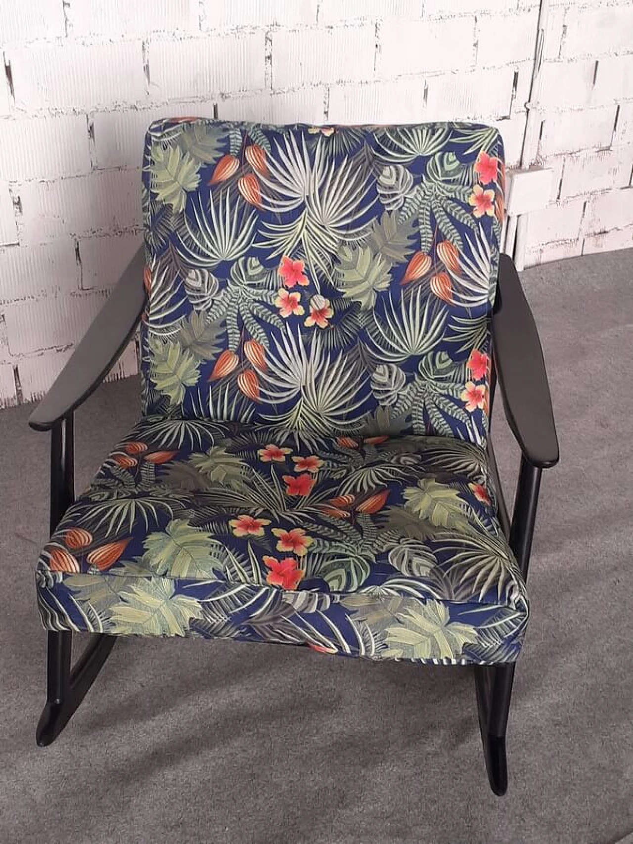 Wood and floral fabric rocking chair, 1950s 1