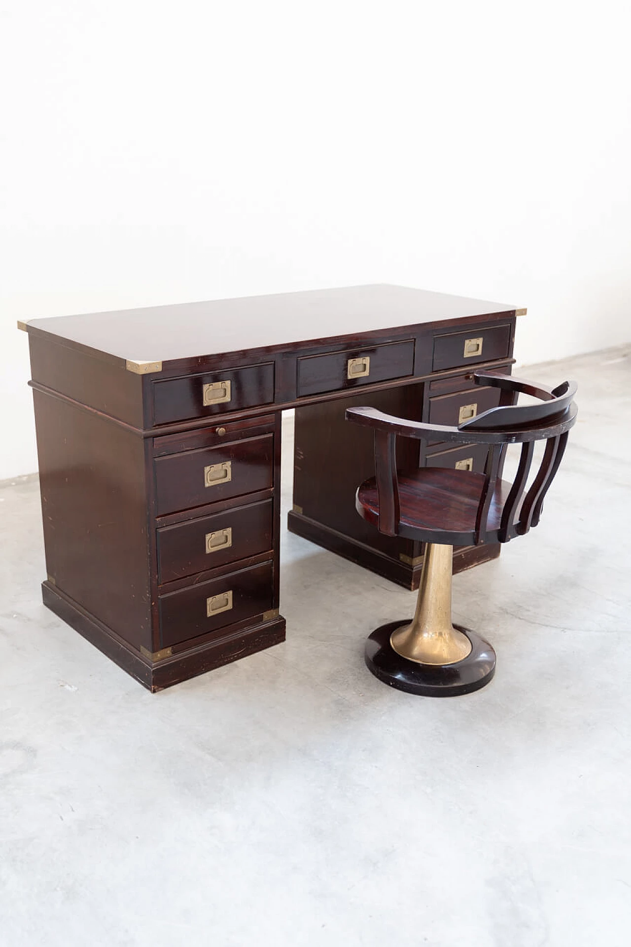 Naval-style mahogany writing desk and swivel chair, 1970s 2