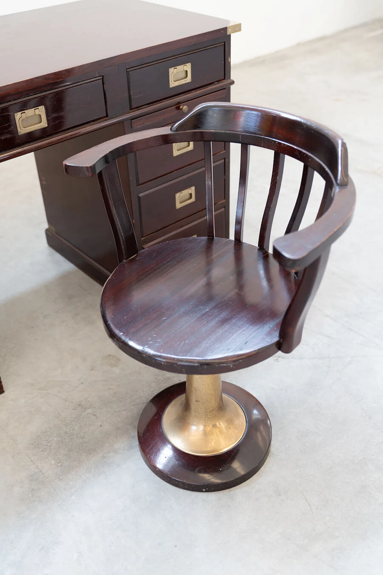 Naval-style mahogany writing desk and swivel chair, 1970s 15