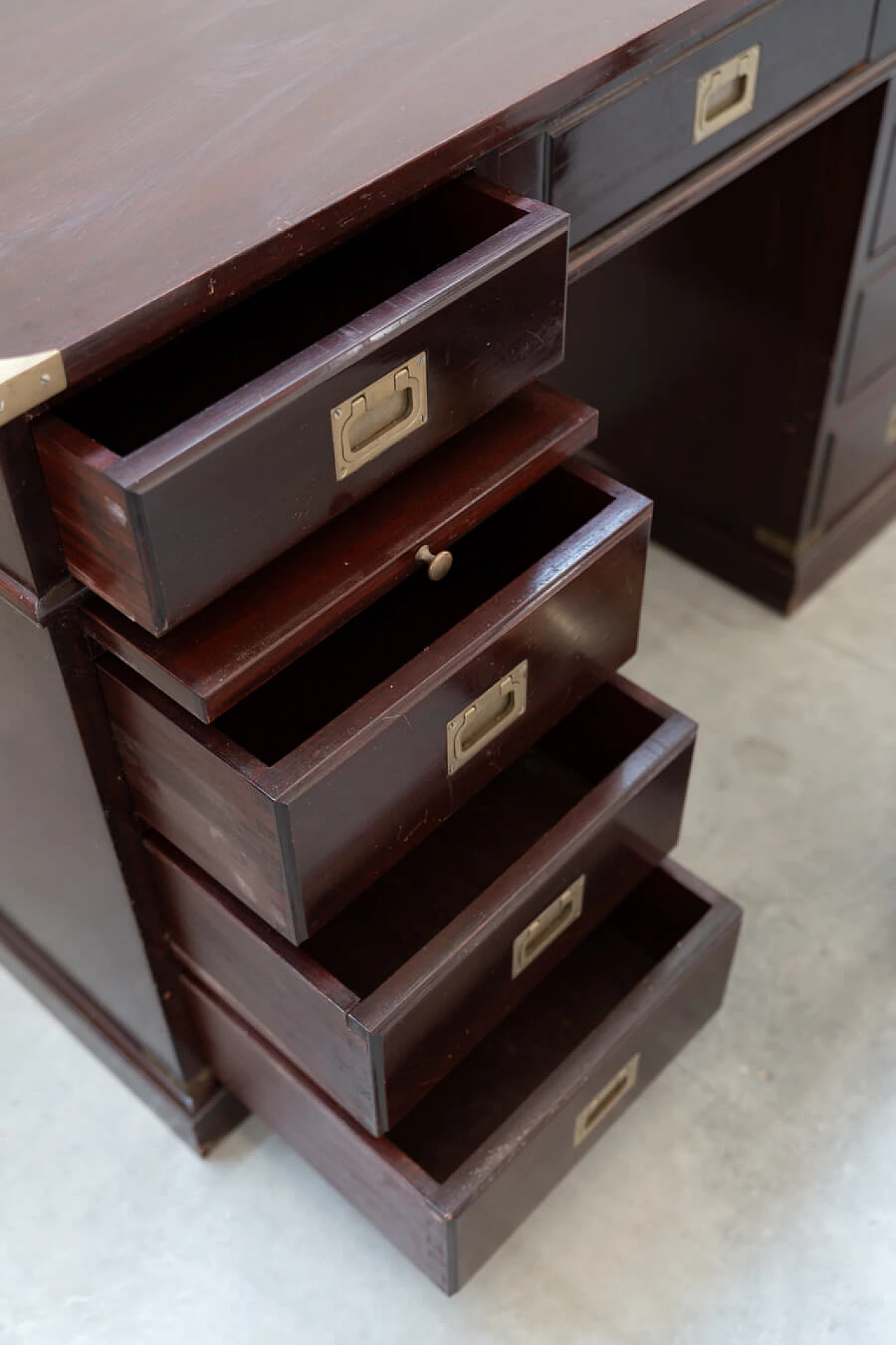 Naval-style mahogany writing desk and swivel chair, 1970s 20