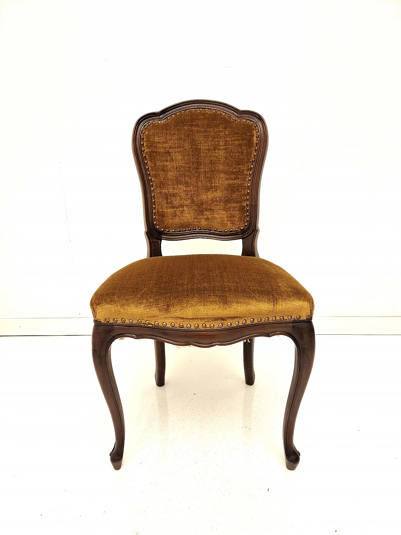 Louis XV style dark stained national walnut and mustard velvet chair 1