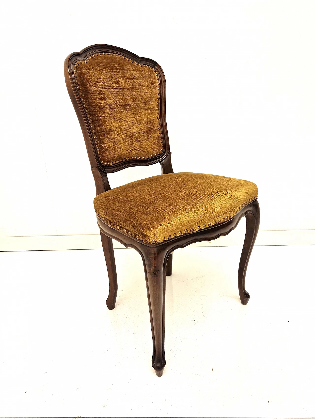 Louis XV style dark stained national walnut and mustard velvet chair 2