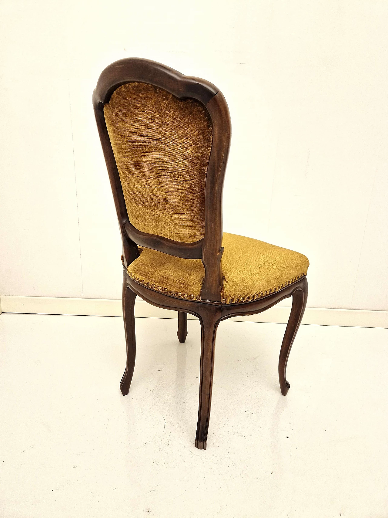 Louis XV style dark stained national walnut and mustard velvet chair 4