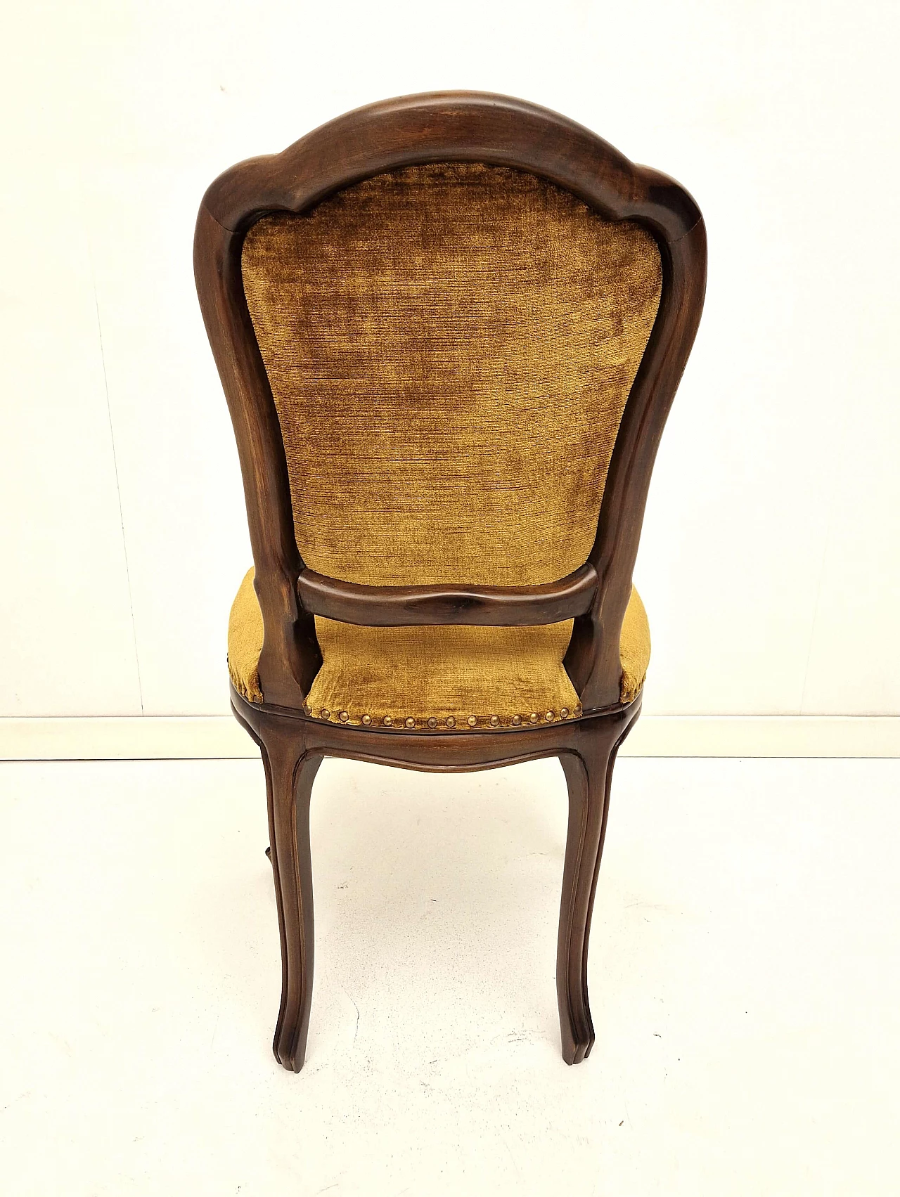 Louis XV style dark stained national walnut and mustard velvet chair 5