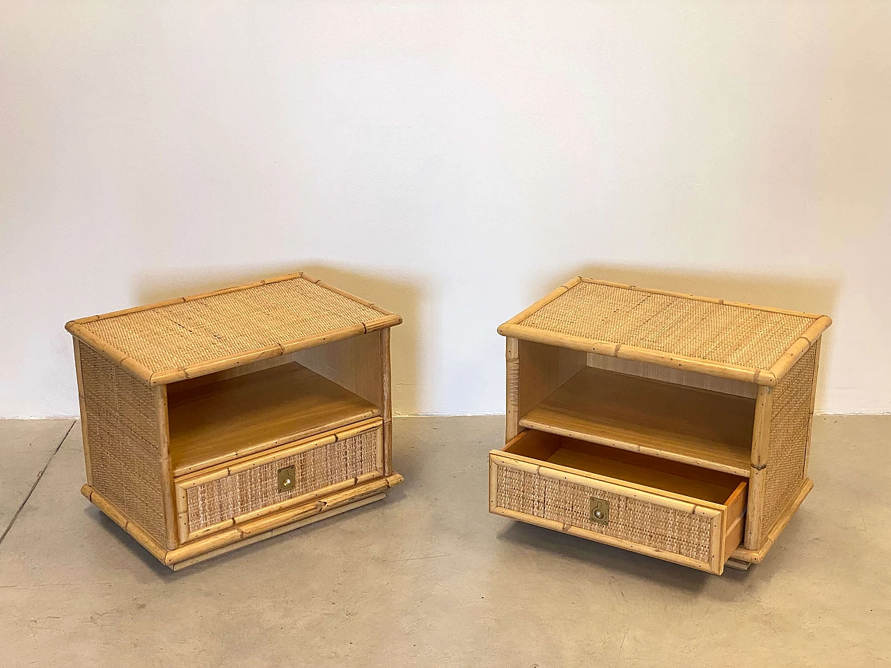 Pair of wicker and bamboo bedside tables by Dal Vera, 1970s 2