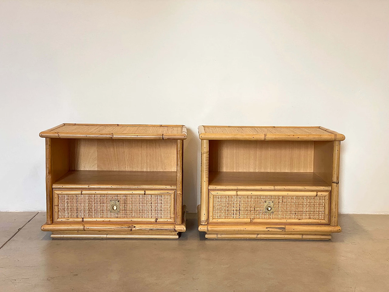 Coppia di comodini in vimini e bambù di Dal Vera, anni '70 11