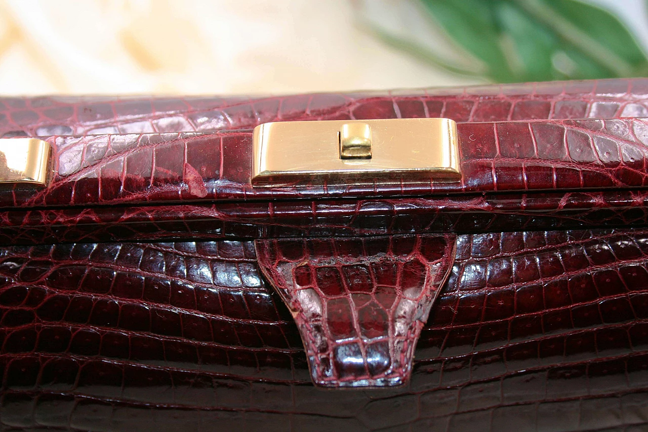 Bordeaux-coloured crocodile leather handbag, 1950s 7