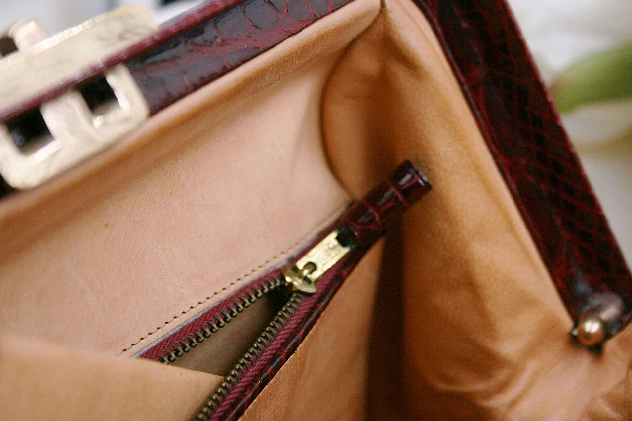 Bordeaux-coloured crocodile leather handbag, 1950s 8