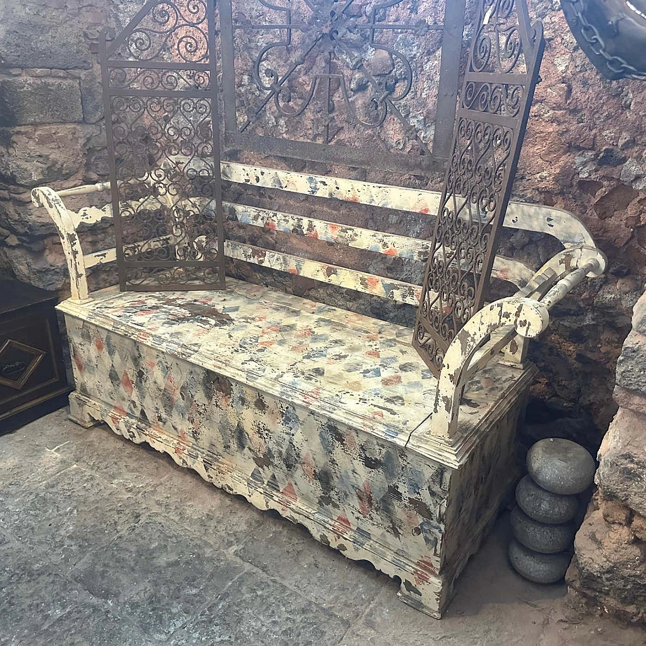 Cassapanca siciliana in legno di abete laccato, '800 2