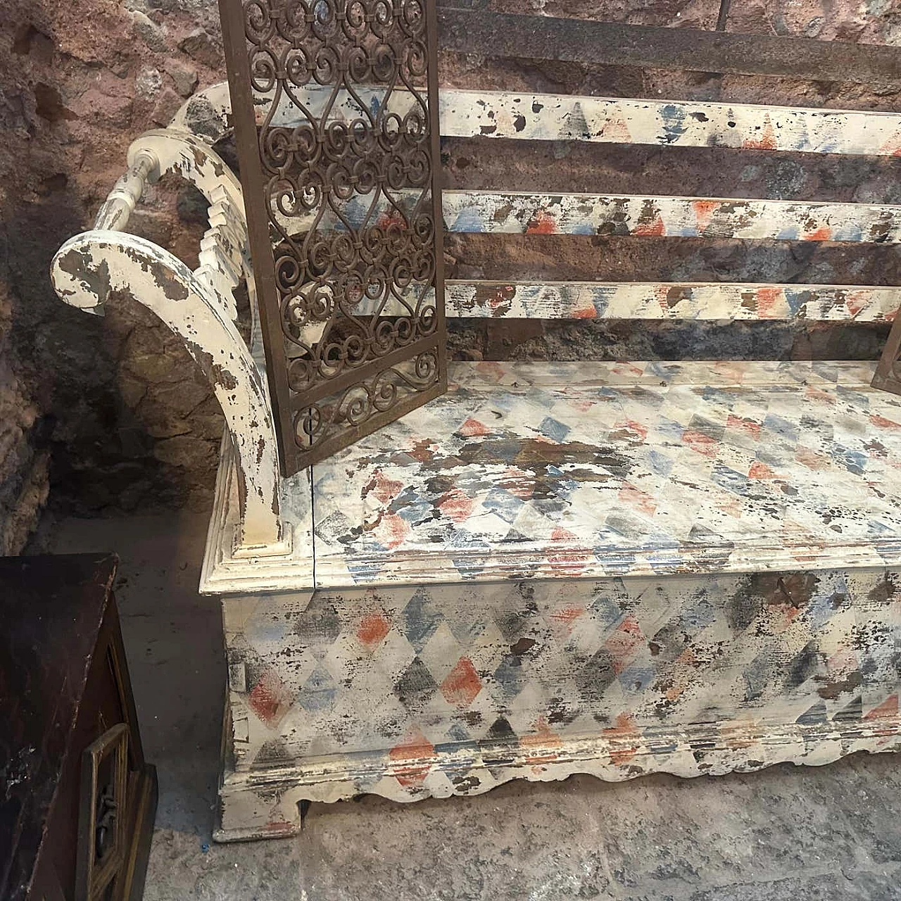 Cassapanca siciliana in legno di abete laccato, '800 11