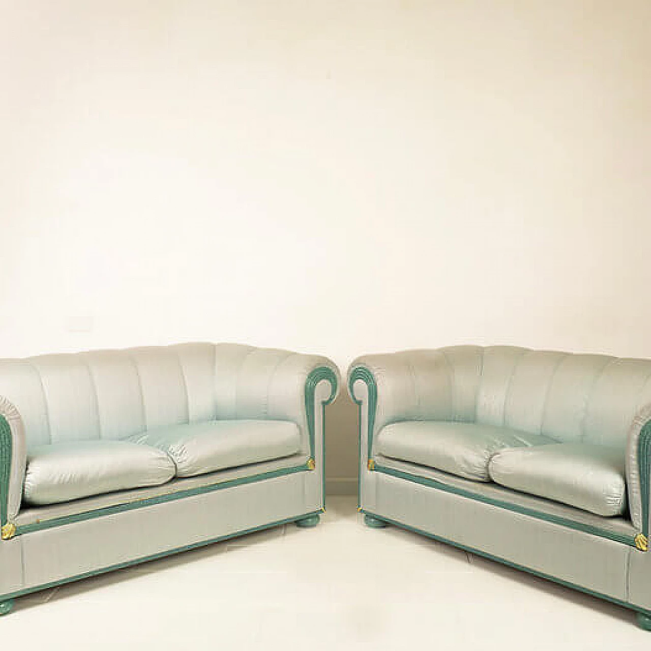 Pair of sofas in marbled wood and Moirè silk by Fabrizio Smania for Smania Studio Interni, 1980s 2