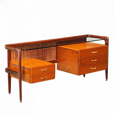Wood, woven straw and glass vanity table, 1960s