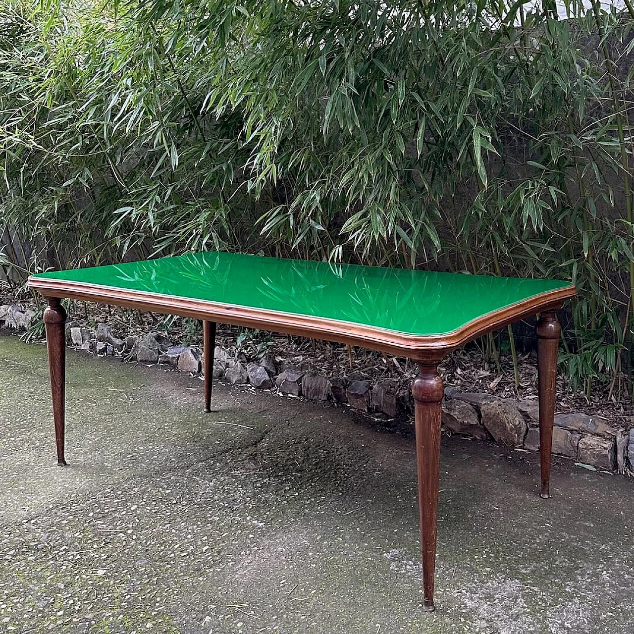 Walnut table with green glass top, 1950s 1252994