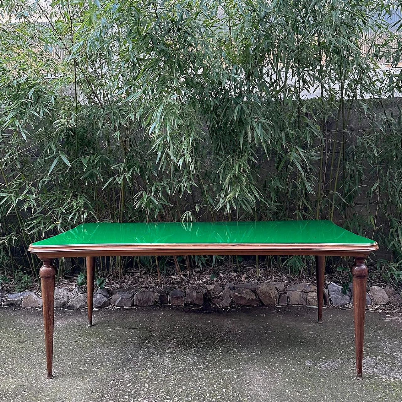 Walnut table with green glass top, 1950s 1252996