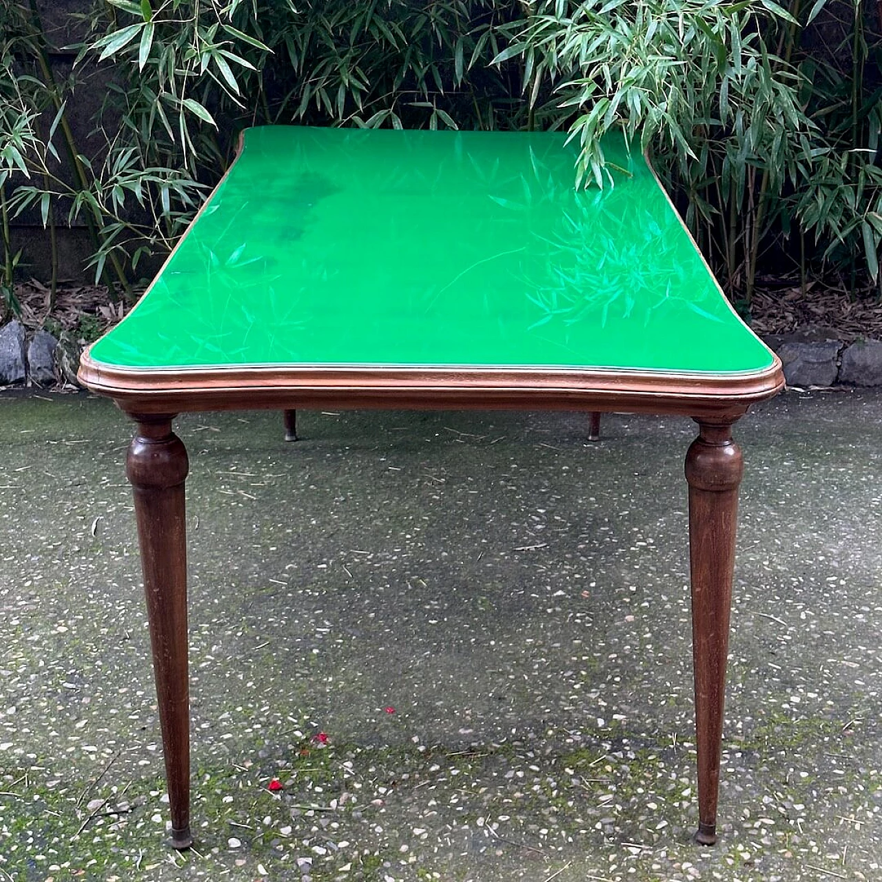 Walnut table with green glass top, 1950s 1253001