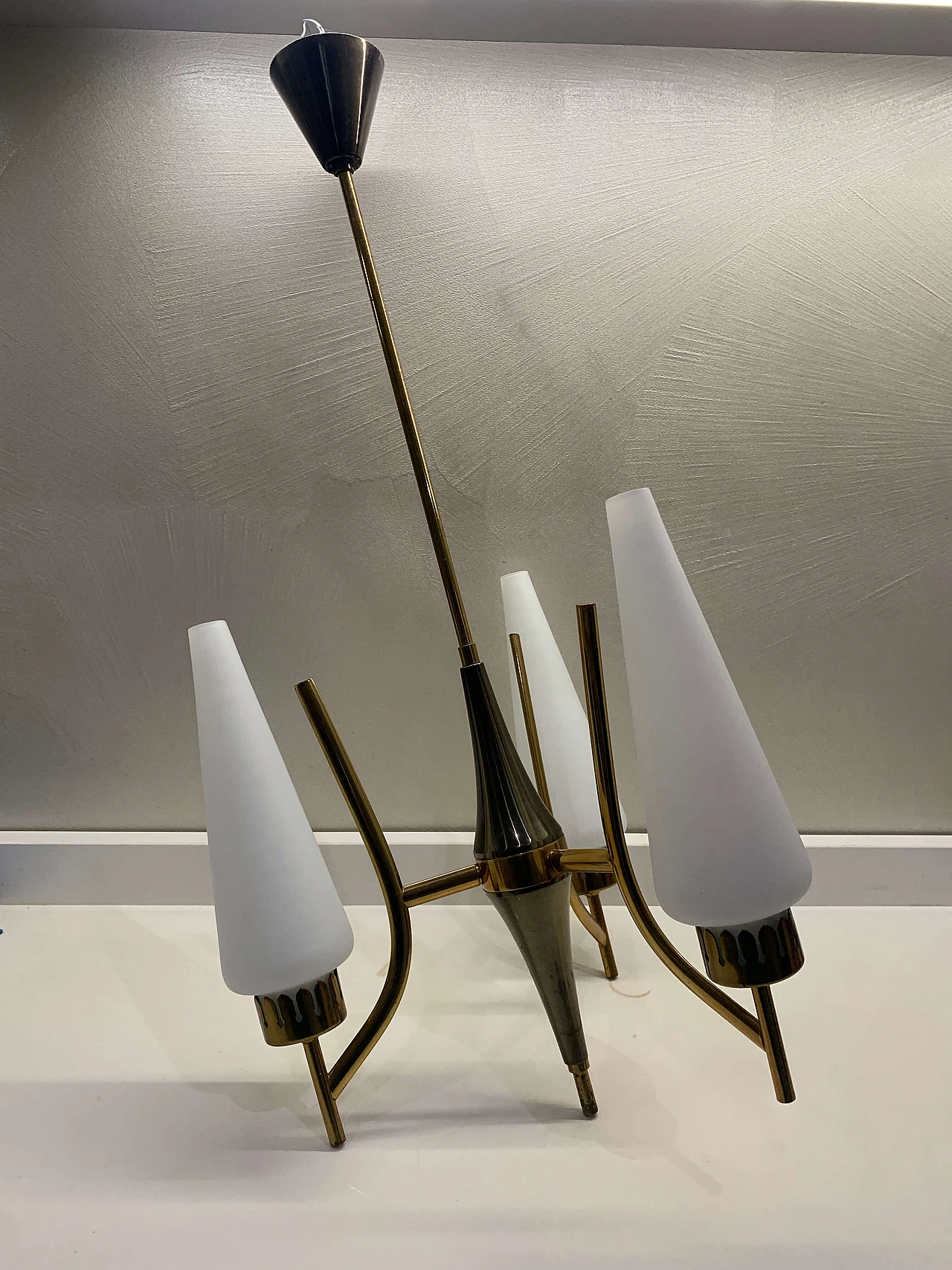 Brass and opaline glass chandelier by Angelo Lelli for Arredoluce, 1950s 9