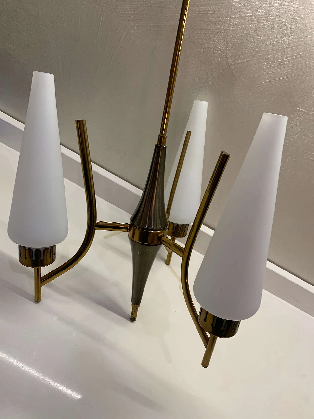 Brass and opaline glass chandelier by Angelo Lelli for Arredoluce, 1950s 18