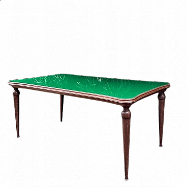 Walnut table with green glass top, 1950s