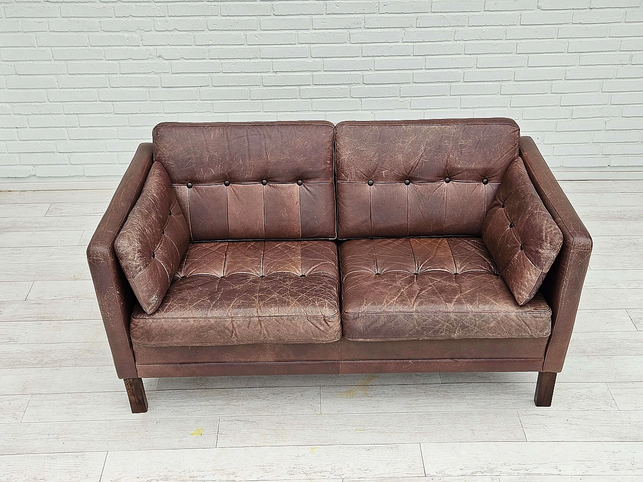 Divano danese in pelle marrone a due posti, anni '70 2