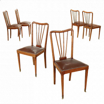 6 Sedie in legno con seduta in skai nello stile di Paolo Buffa, anni '50