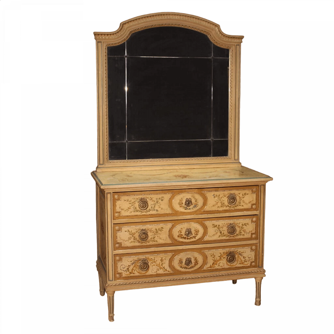 Comò con specchio stile Luigi XVI in legno laccato e dipinto, anni '60 13