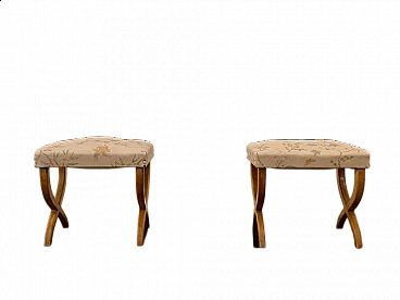 Pair of maple and Chinoserie fabric stools, 1940s