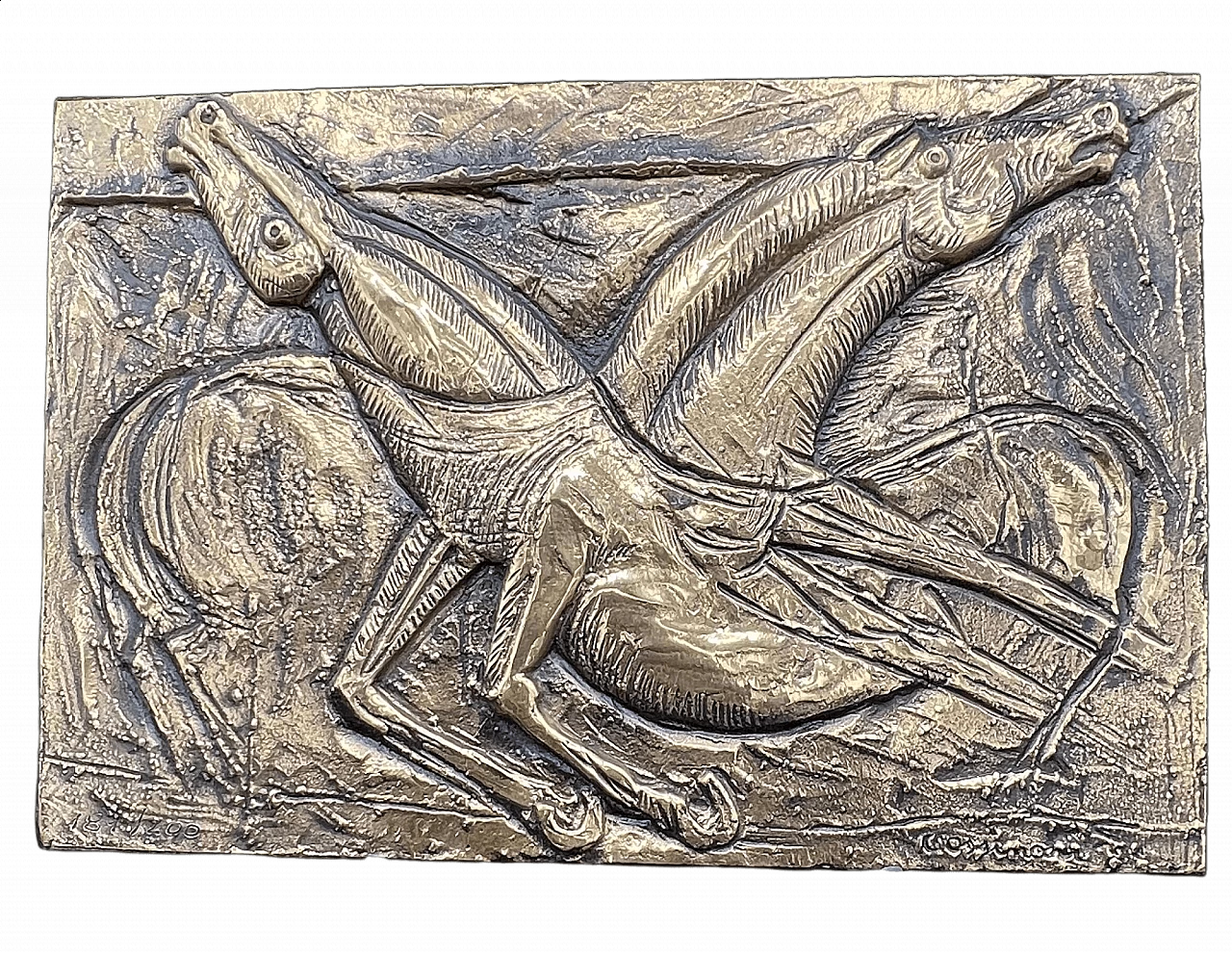 Bruno Cassinari, horses, metal bas-relief, 1970s 14