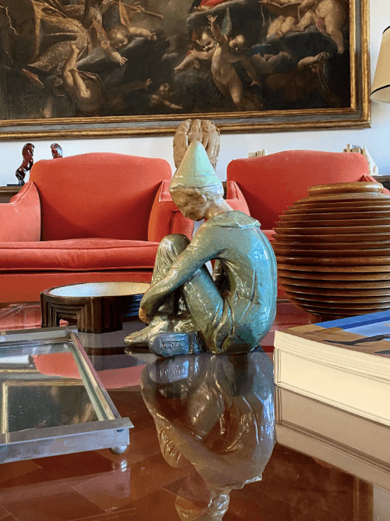 Giordano Tronconi, Seated boy, green ceramic figure from Faenza, 1950s 48