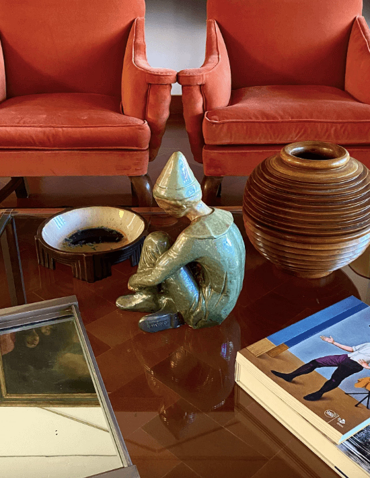 Giordano Tronconi, Seated boy, green ceramic figure from Faenza, 1950s 49