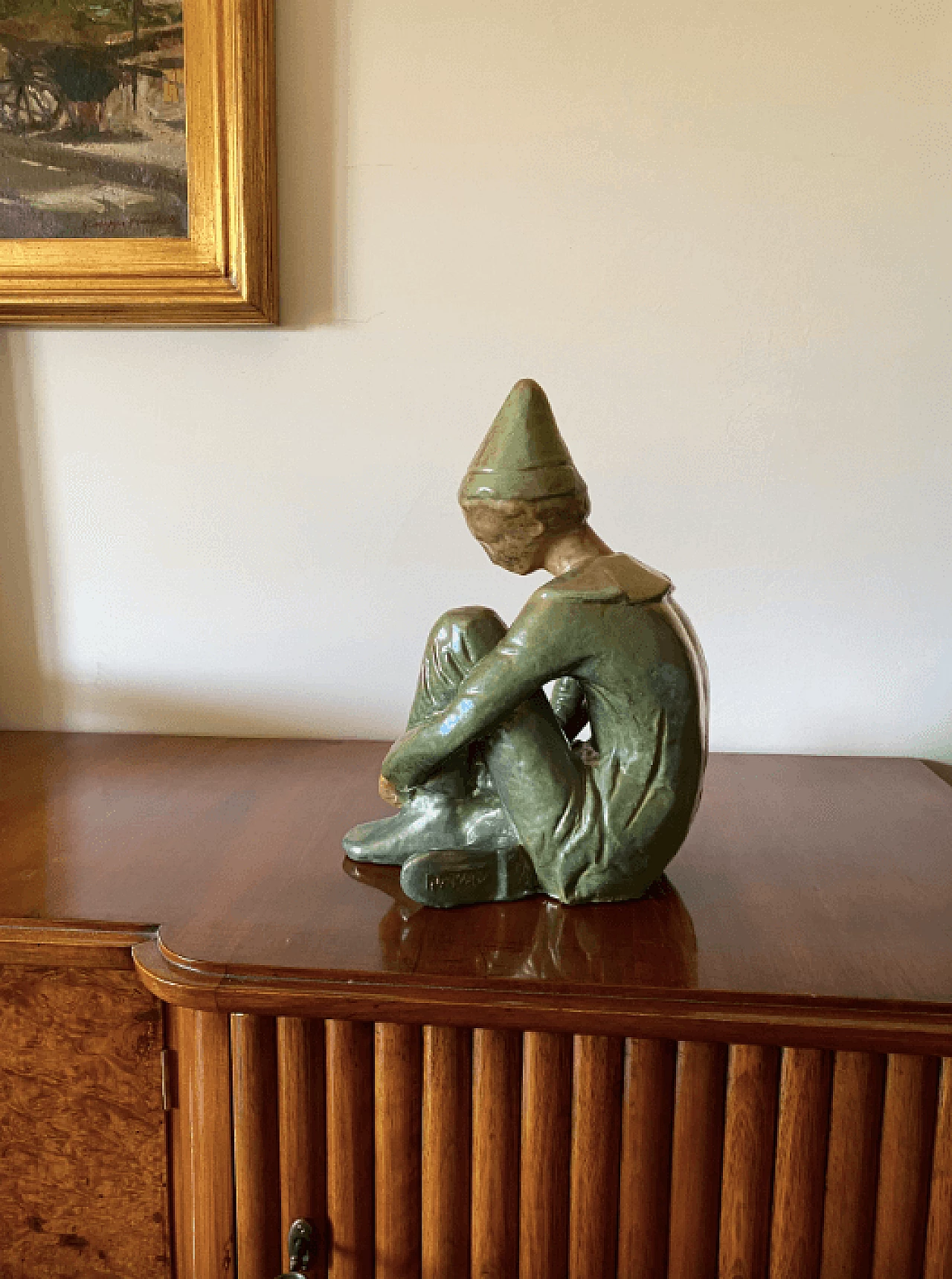 Giordano Tronconi, Seated boy, green ceramic figure from Faenza, 1950s 50