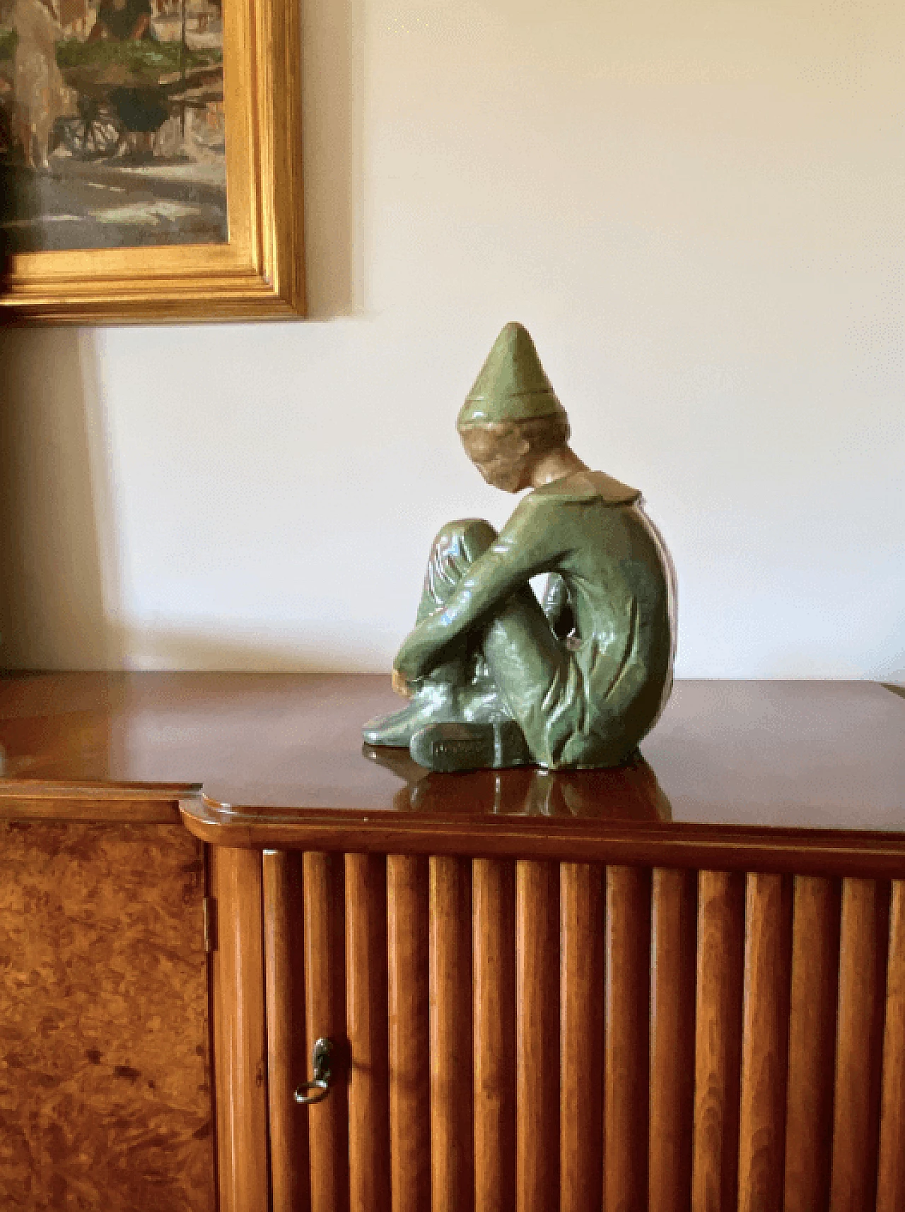 Giordano Tronconi, Seated boy, green ceramic figure from Faenza, 1950s 52