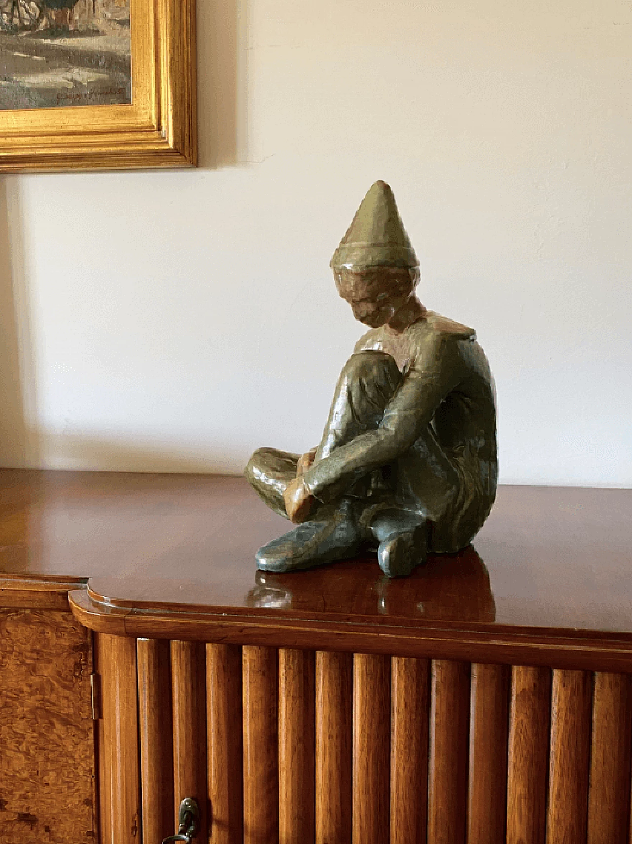 Giordano Tronconi, Seated boy, green ceramic figure from Faenza, 1950s 53
