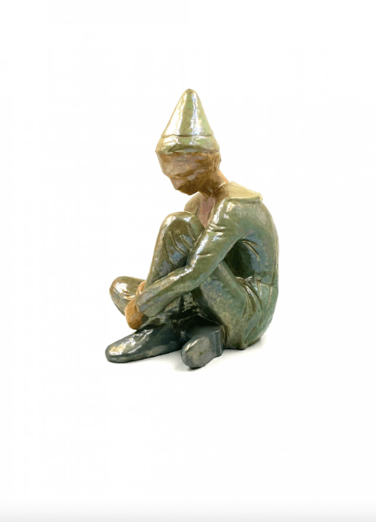 Giordano Tronconi, Seated boy, green ceramic figure from Faenza, 1950s 54