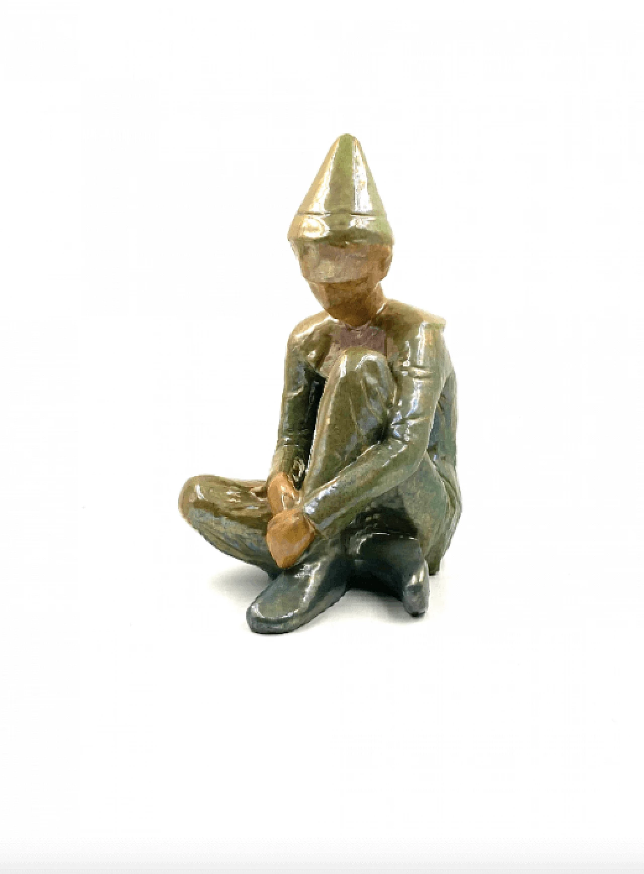 Giordano Tronconi, Seated boy, green ceramic figure from Faenza, 1950s 55