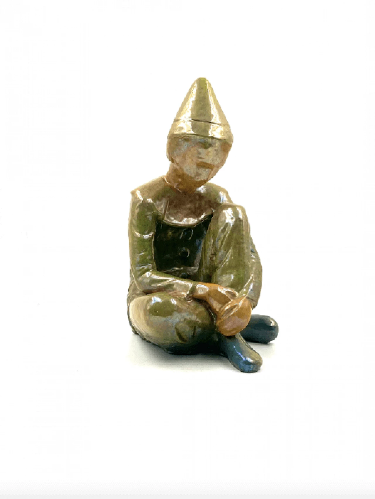 Giordano Tronconi, Seated boy, green ceramic figure from Faenza, 1950s 57