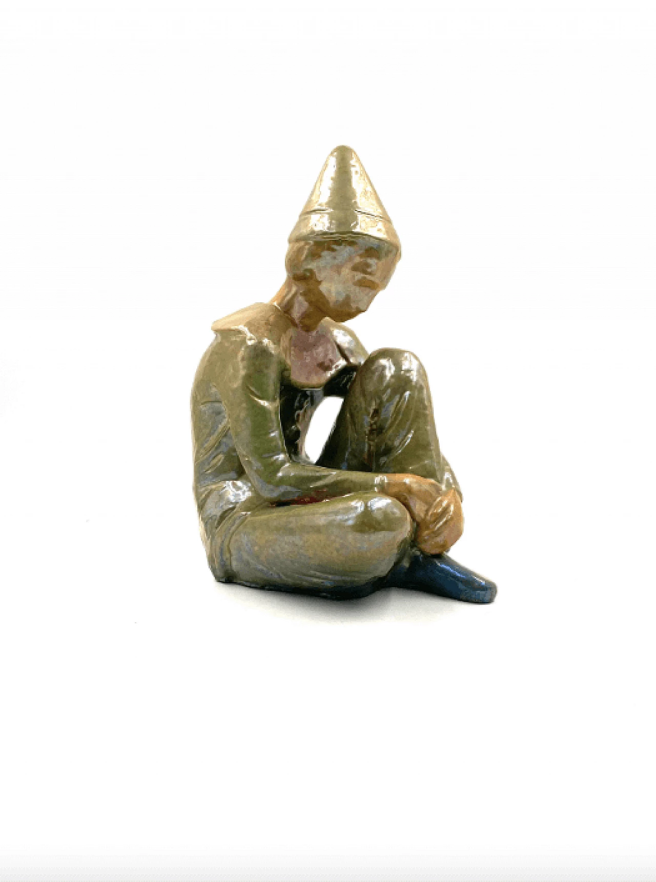 Giordano Tronconi, Seated boy, green ceramic figure from Faenza, 1950s 58
