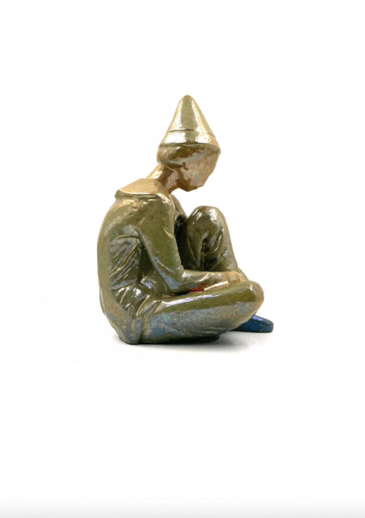 Giordano Tronconi, Seated boy, green ceramic figure from Faenza, 1950s 59