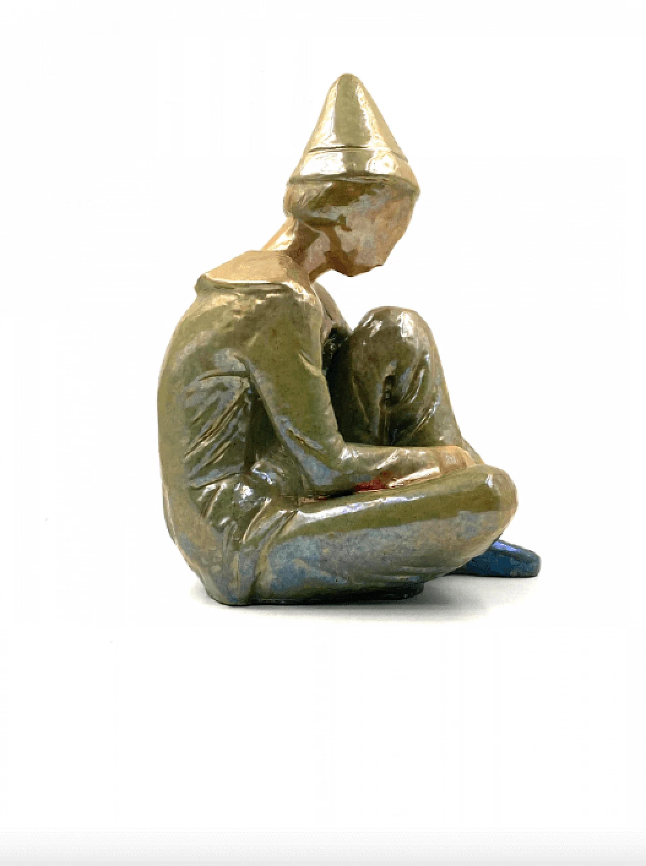 Giordano Tronconi, Seated boy, green ceramic figure from Faenza, 1950s 60