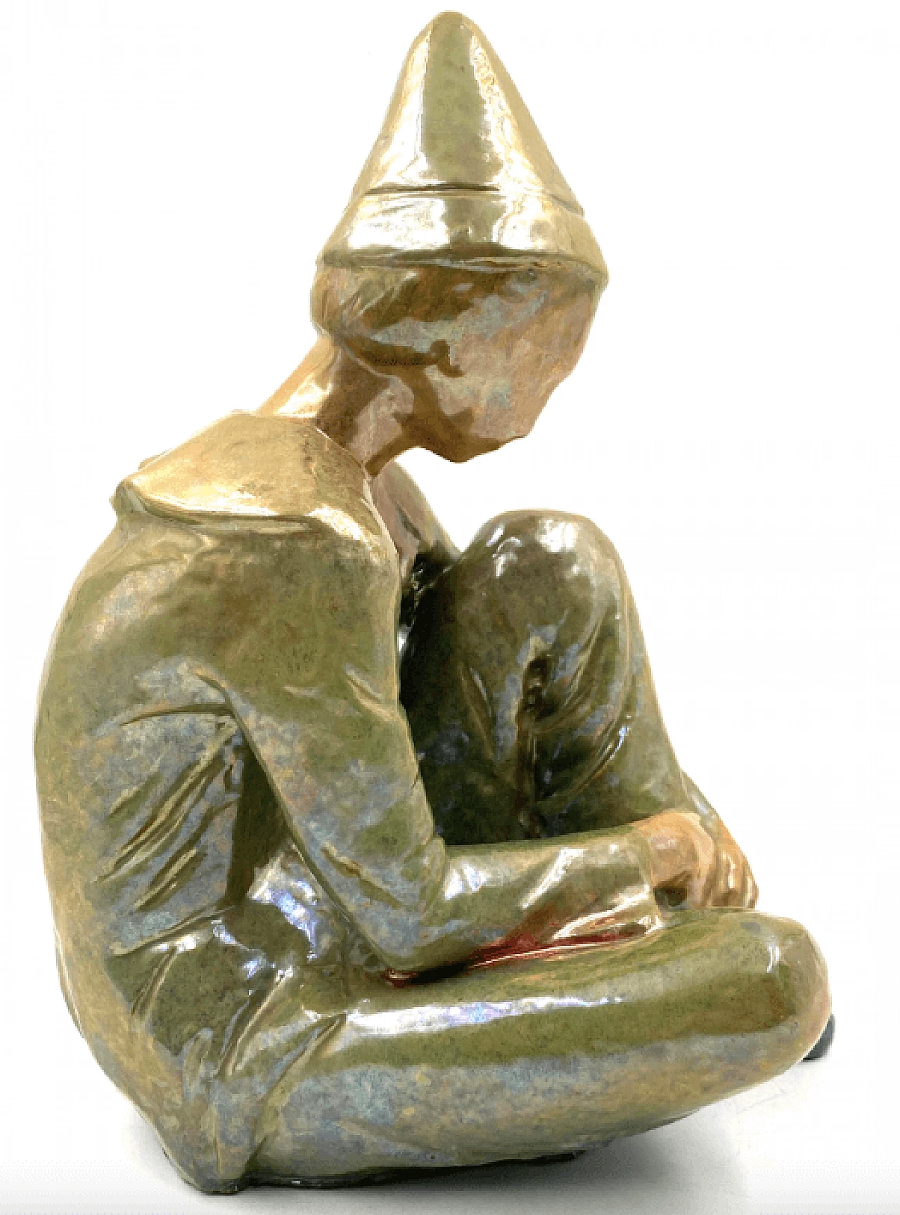 Giordano Tronconi, Seated boy, green ceramic figure from Faenza, 1950s 61