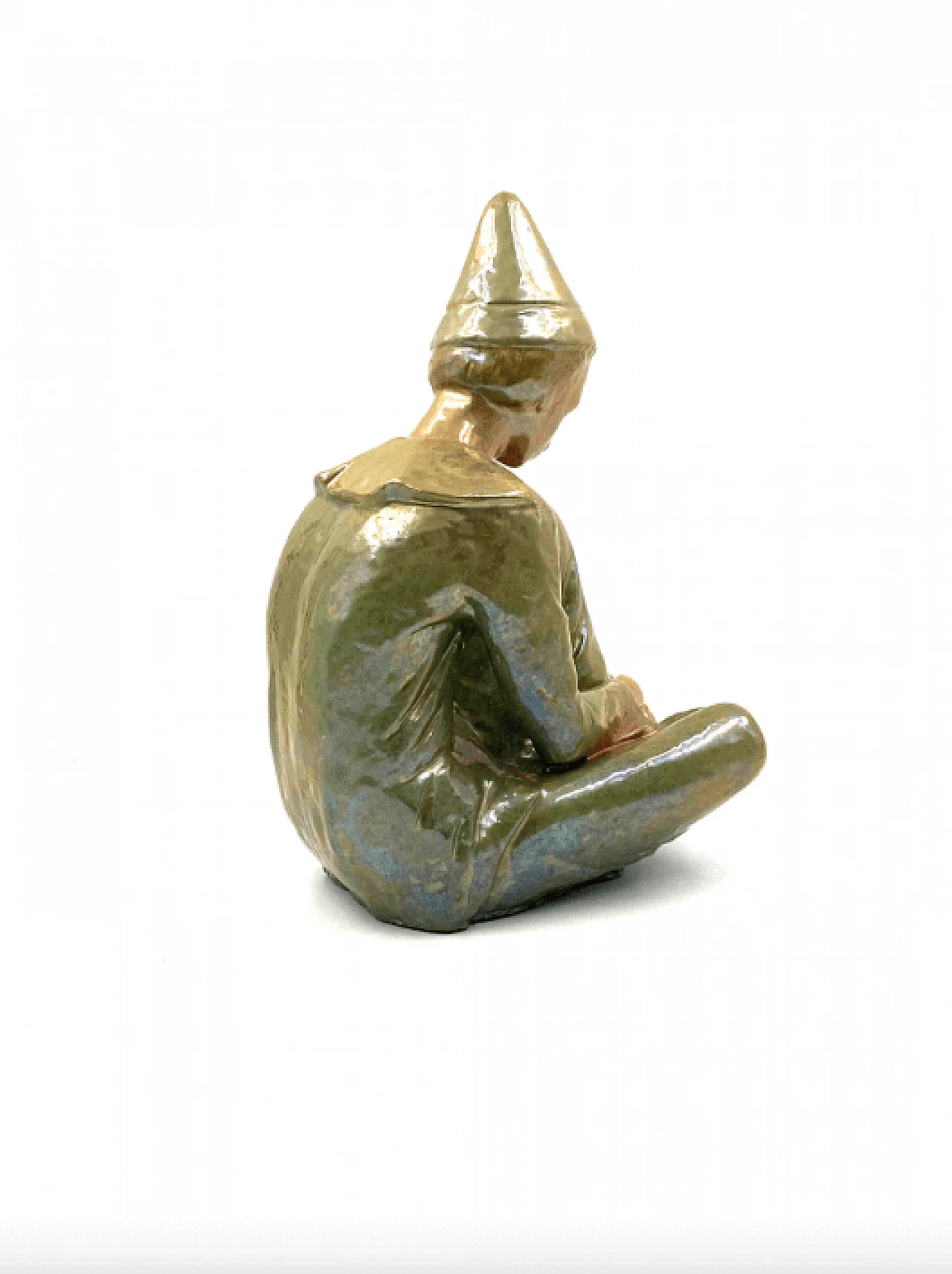 Giordano Tronconi, Seated boy, green ceramic figure from Faenza, 1950s 62