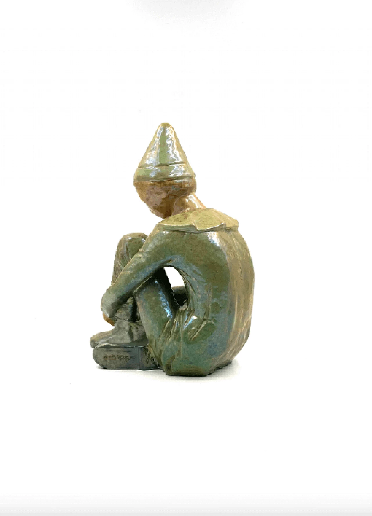 Giordano Tronconi, Seated boy, green ceramic figure from Faenza, 1950s 65