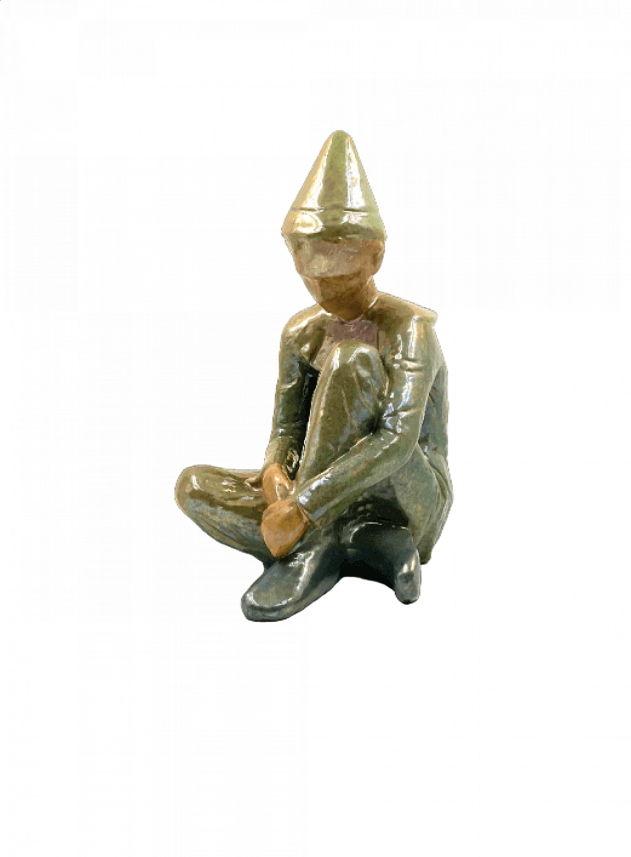 Giordano Tronconi, Seated boy, green ceramic figure from Faenza, 1950s 68