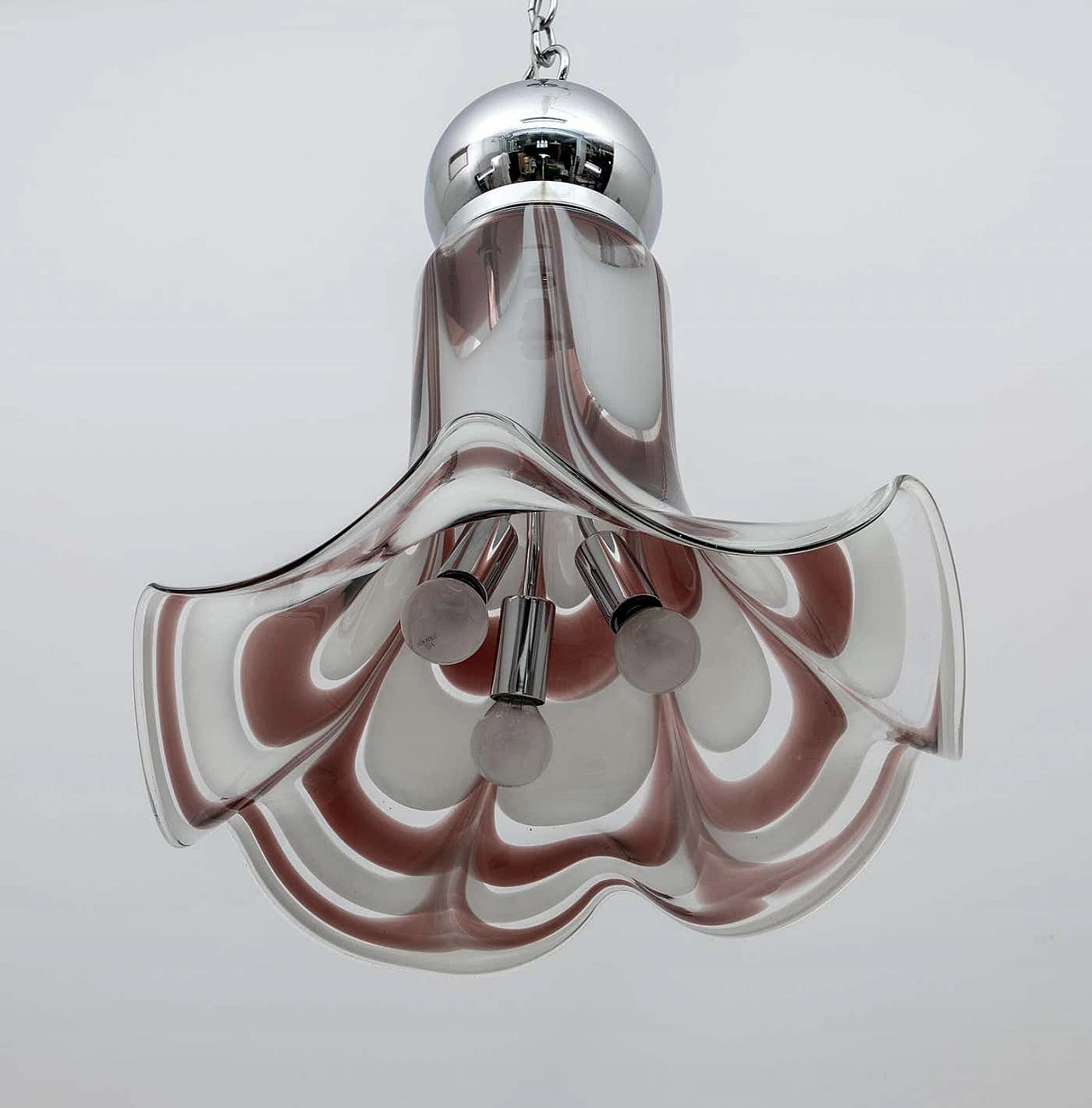 Chandelier with white and red Murano glass bell shade by AV Mazzega, 1970s 7