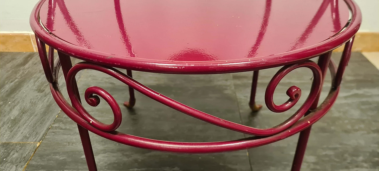 Pair of armchairs, coffee table and pouf in cyclamen wrought iron, 1970s 8