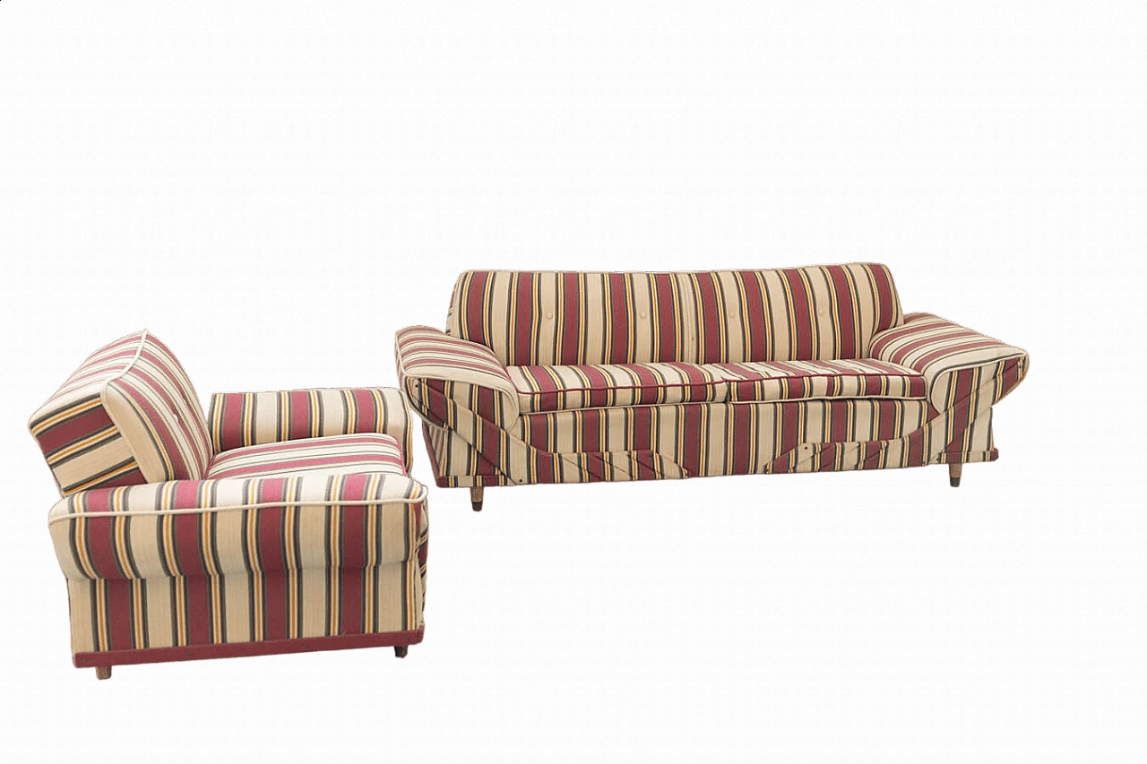 Striped fabric sofa and armchair with wooden frame, 1970s 33