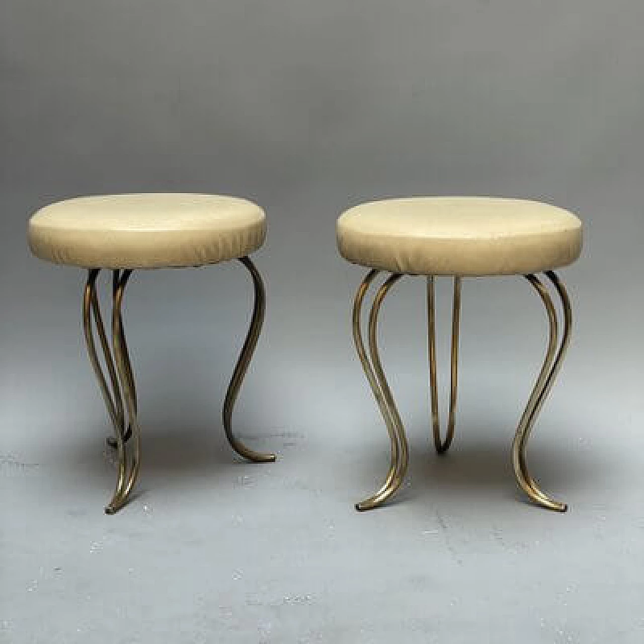 Pair of brass and leather stools, 1950s 1