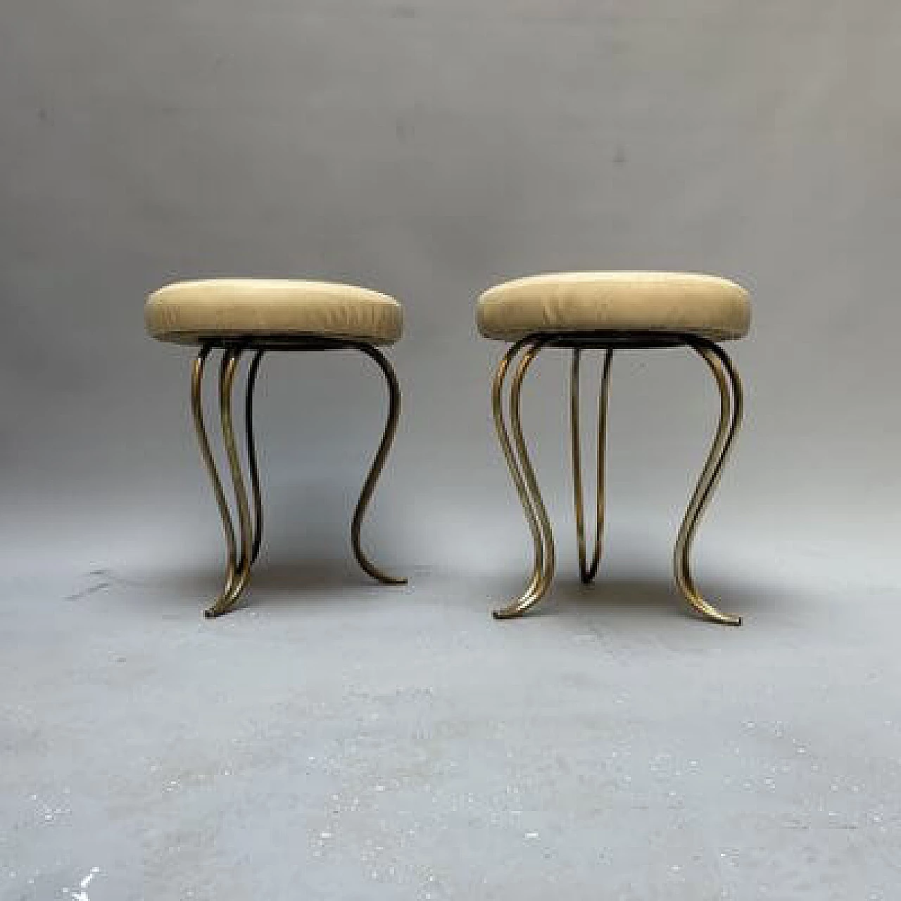 Pair of brass and leather stools, 1950s 3