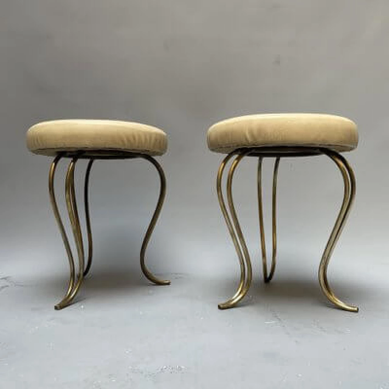 Pair of brass and leather stools, 1950s 8