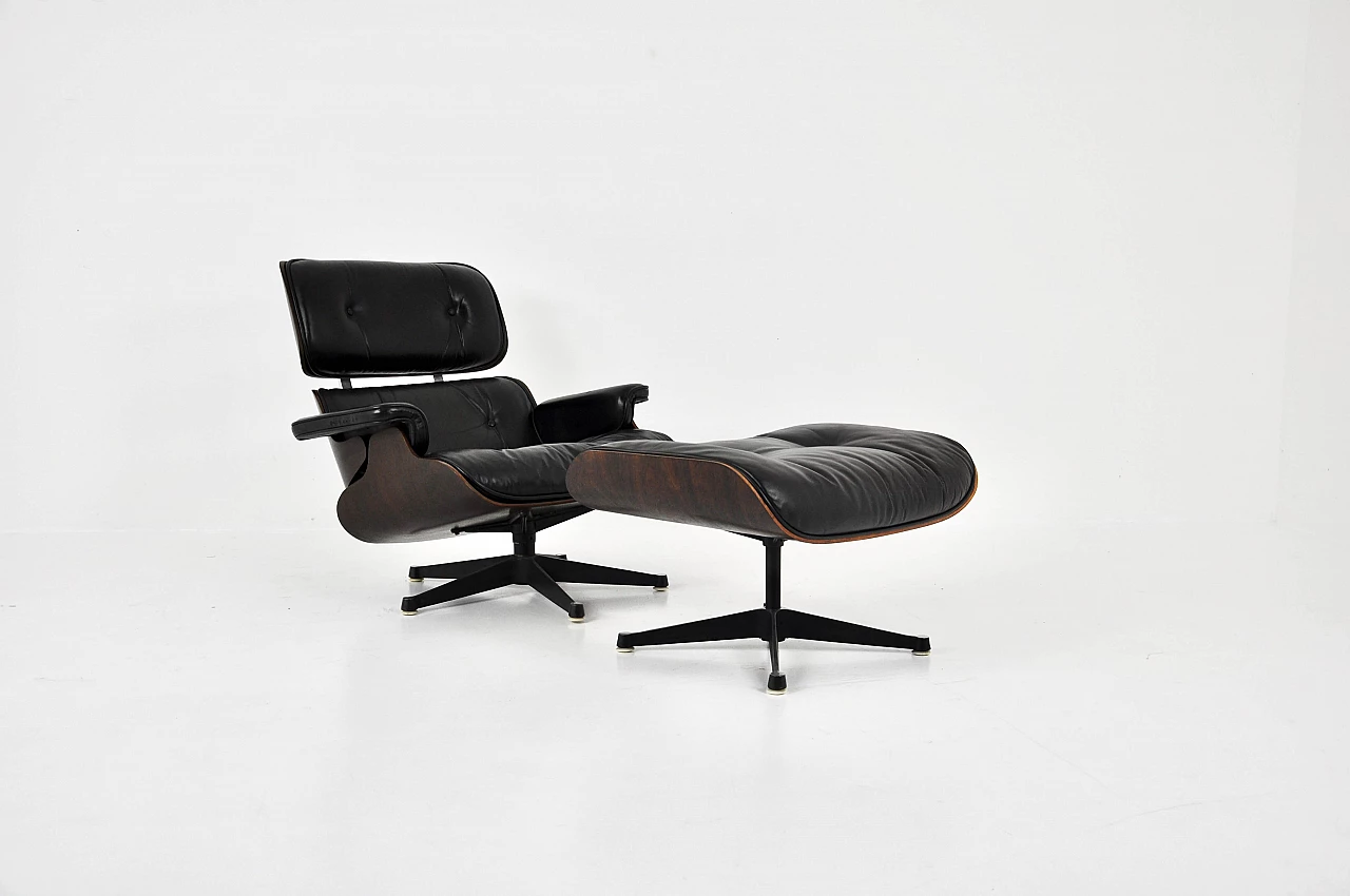Black leather and wood armchair with ottoman by Charles and Ray Eames for ICF, 1970s 1