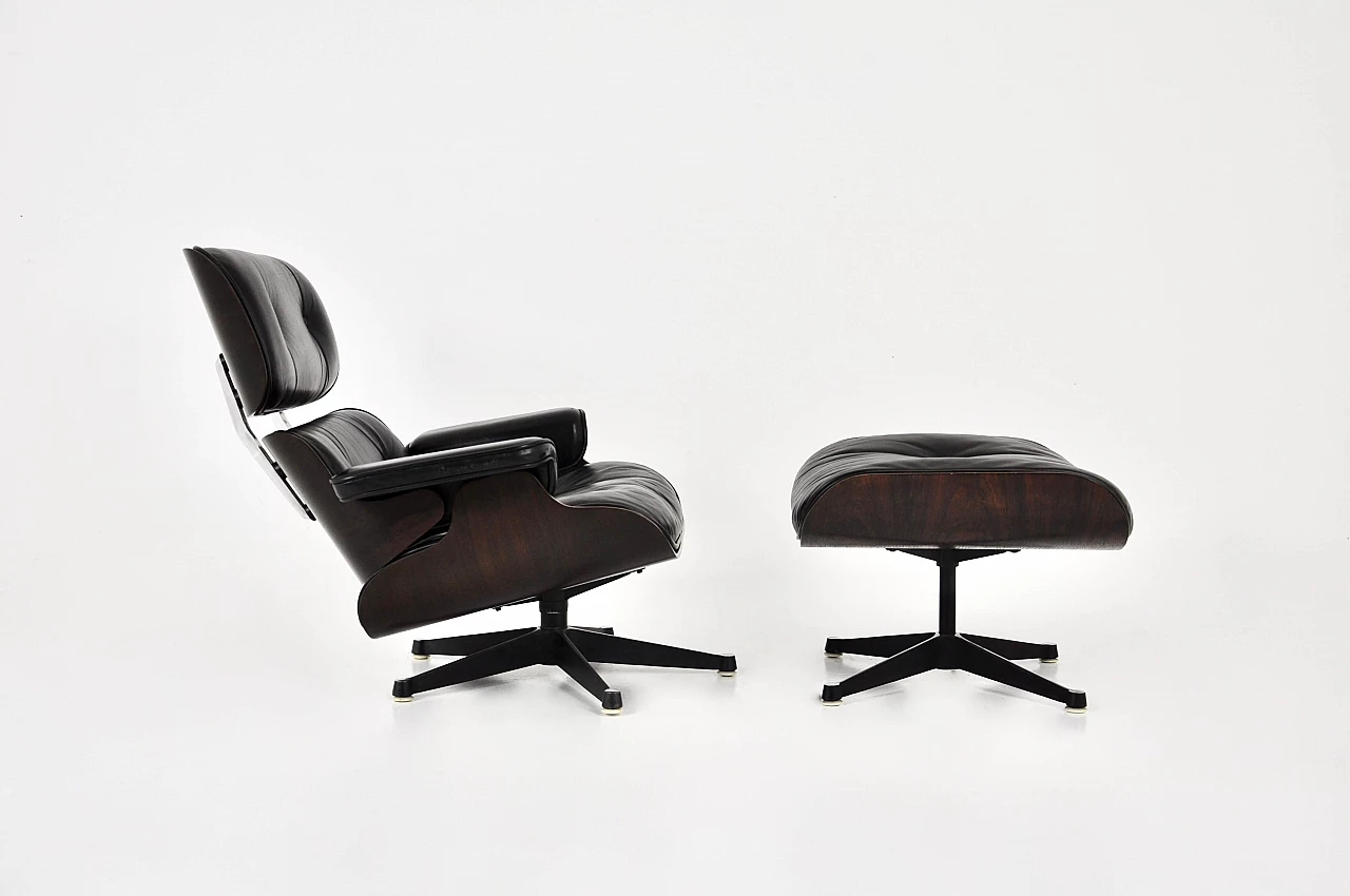 Black leather and wood armchair with ottoman by Charles and Ray Eames for ICF, 1970s 4